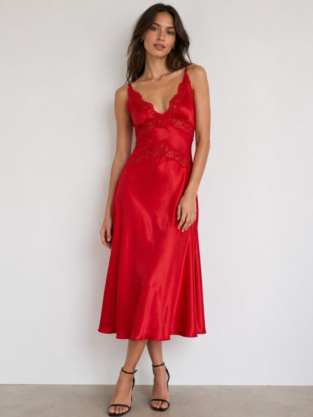 En Saison Red Slip Dress Midi Feminine Lace Bias Cut Small
